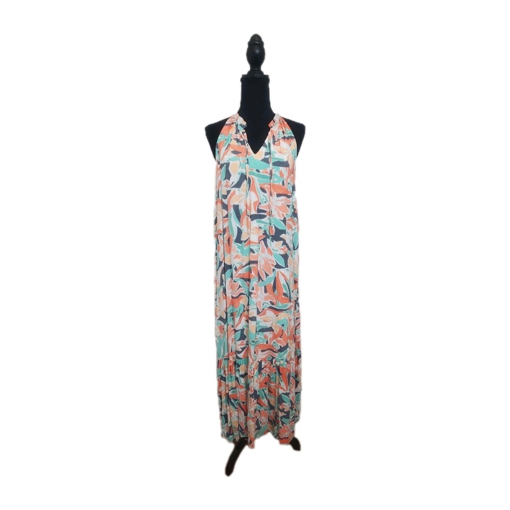 Nine West Women's Maxi Sleeveless Tiered Size Small Tropical Dress Resort Beach